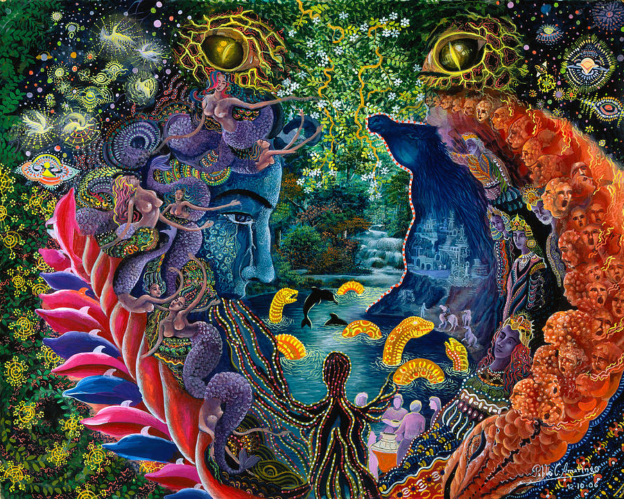 Peinture de visions sous Ayahuasca par Pablo Amaringo - Llullon Llaki Supai 